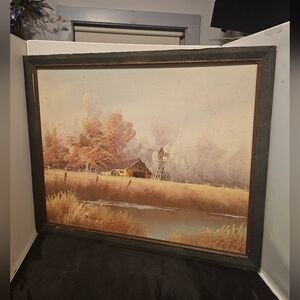 Vintage Oil Painting On Board,  Barnscape With Windmill, Framed And Signed‎